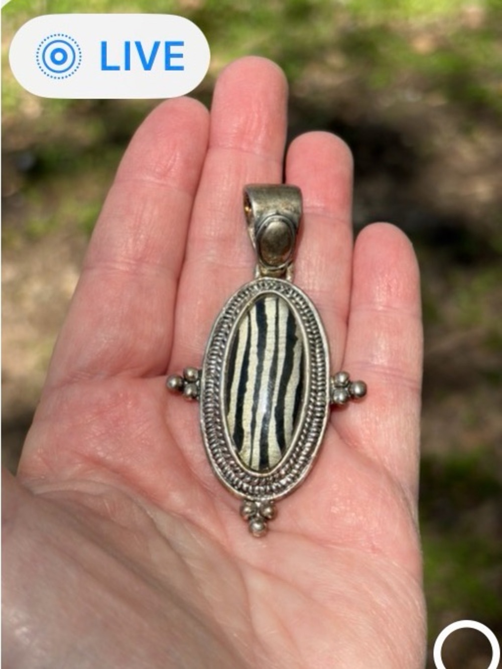 Silver-Tone Zebra Stripe Oval Pendant Necklace - Black & Cream